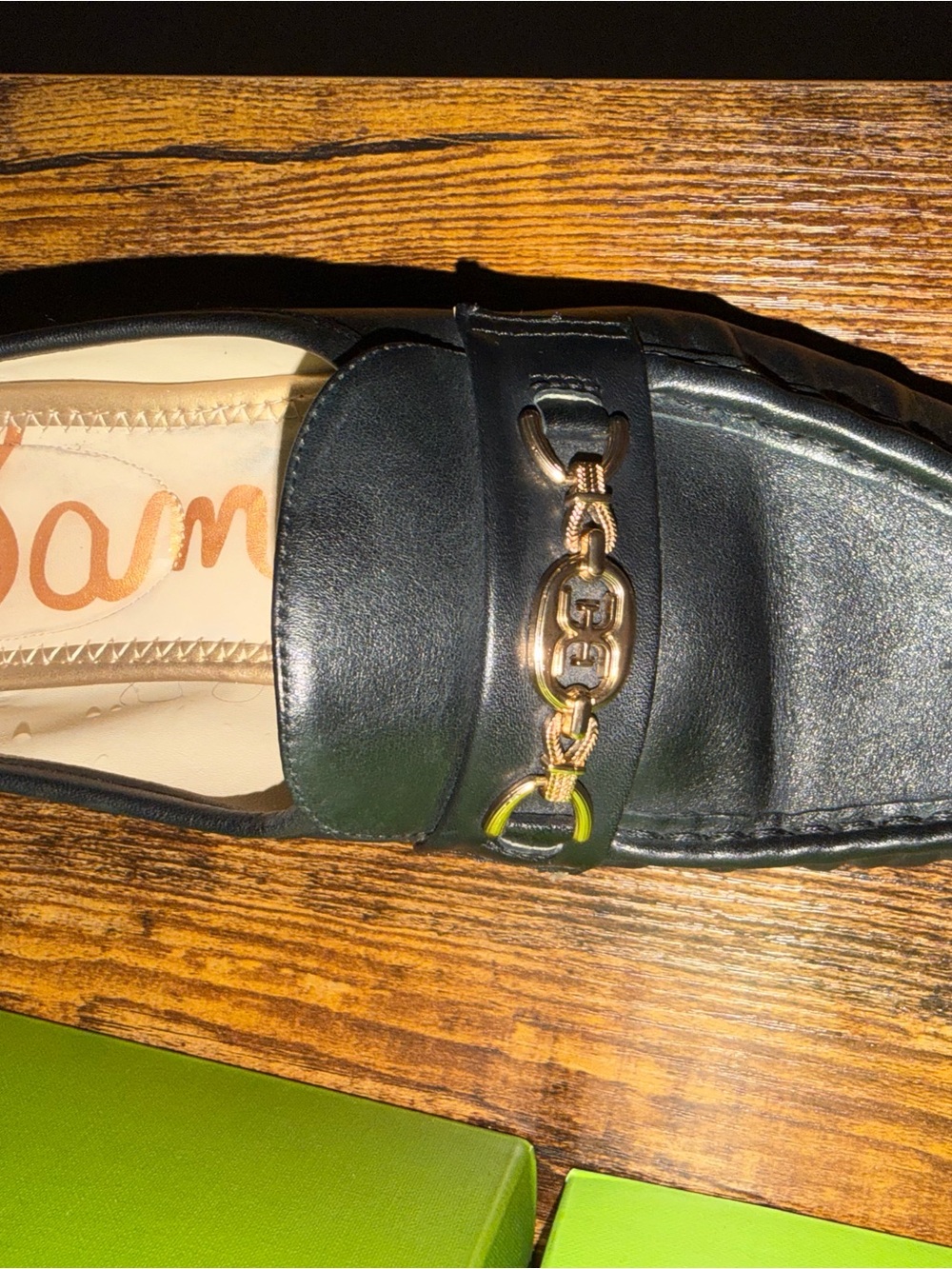 Sam Edelman Black Leather Loafers with Gold Chain Accent - Picture 6 of 7